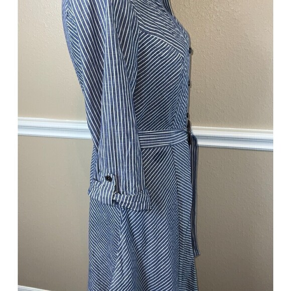Parallel Skies Blue White Dress S Pinstripe Asymmetrical Midi Nautical Coastal - Picture 9 of 12